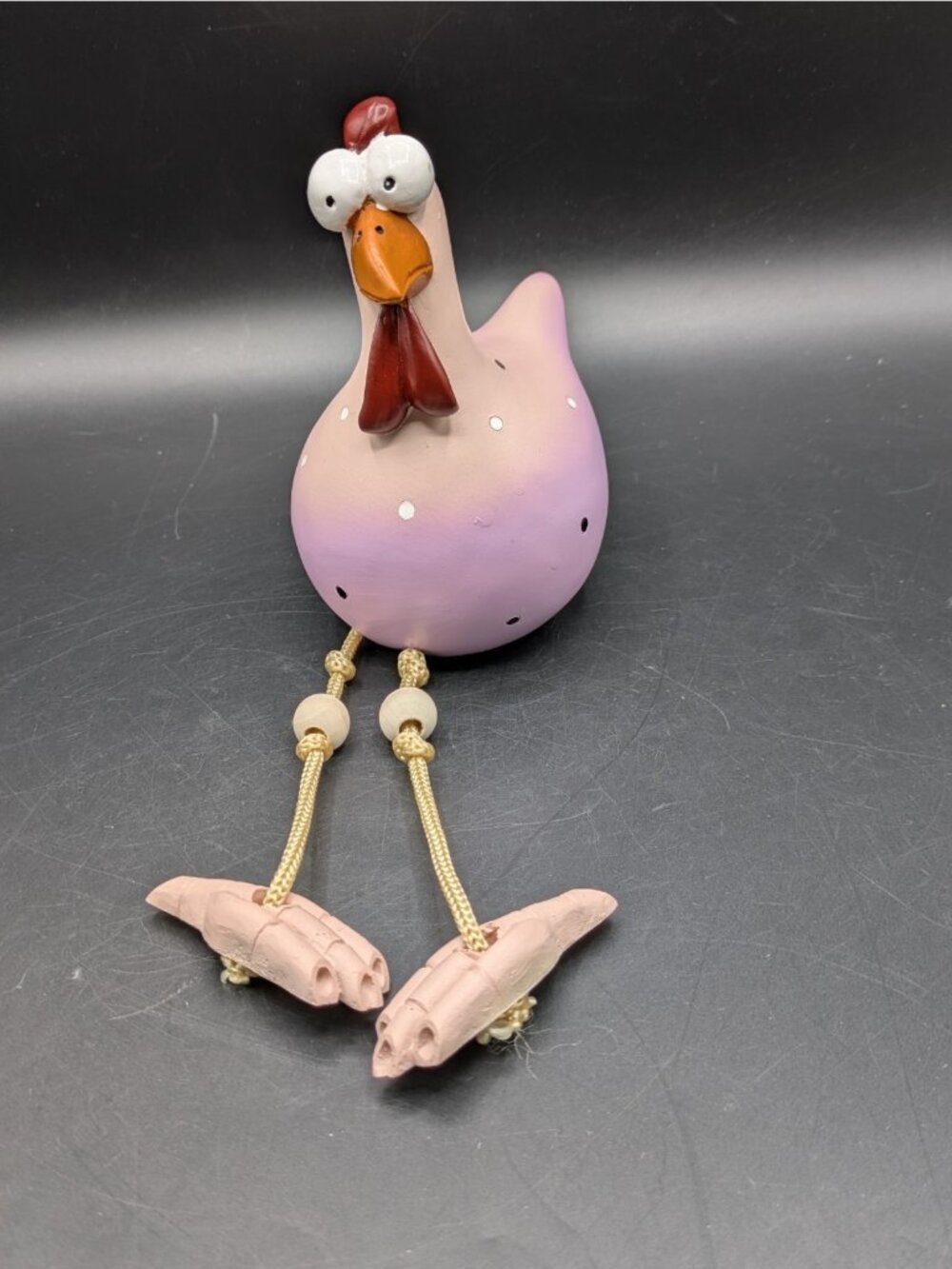 Goofy Chicken Rooster Shelf Sitter Resin Hand Painted Lavender Polka Dot 5"